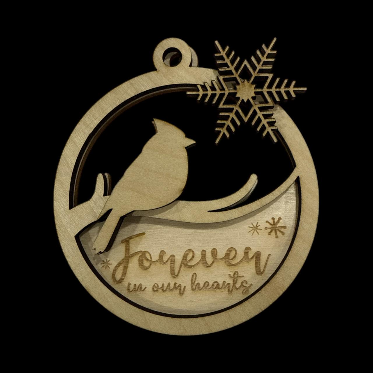 DIY Memorial Cardinal Ornament, Unfinished Wood Snowflake Keepsake, Cardinal Ornament, In Memory Of, Forever in our heart, snowflake w/ bird