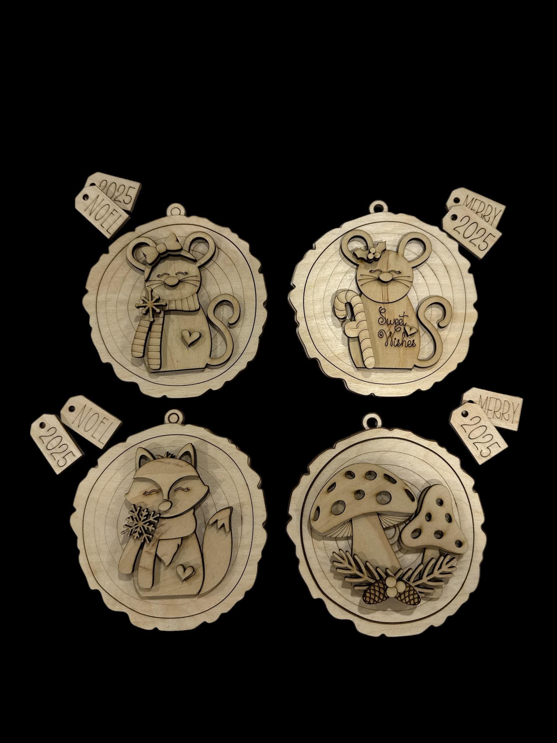 DIY Woodland Animal Ornament Blanks, Christmas Ornaments, Forest Friends, Forest Mouse, Fox, Mushroom, 3D Ornaments, Mushrooms