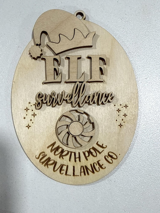 DIY, surveillance ornament, unfinished, wood, elf ornament, holiday craft, Christmas ornament, elf decor