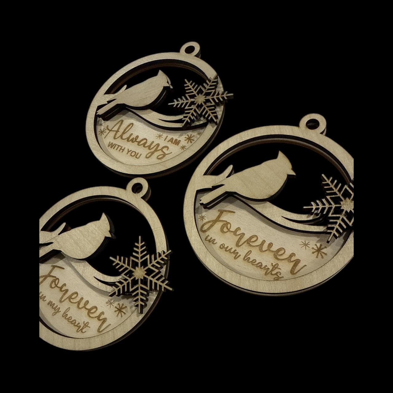 DIY Memorial Cardinal Ornament, Unfinished Wood Snowflake Keepsake, Cardinal Ornament, In Memory Of, Forever in our heart, snowflake w/ bird