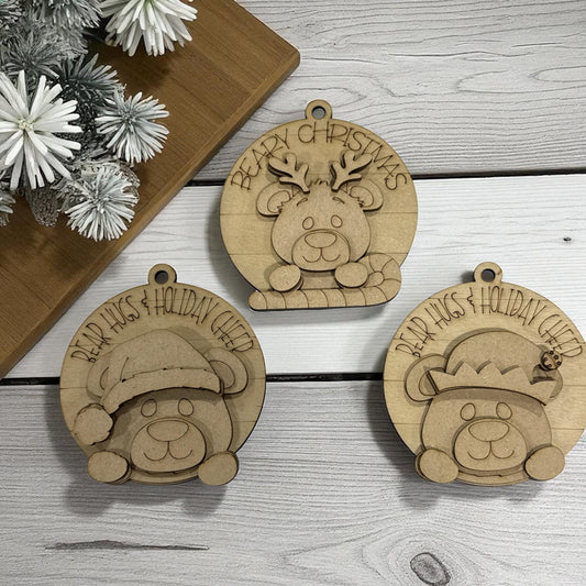 Unfinished Wood Bear Ornament: Bear ornaments unfinished, DIY Christmas Craft, Rustic Holiday Decor, cute bear, Beary Christmas