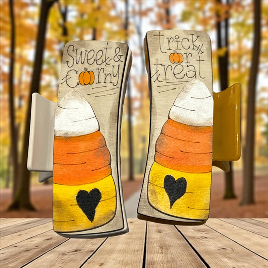 Candy Corn or Trick or Treat 4" Wooden Hand-Painted Hair Claw Clip – Halloween Hair Accessory, Gift, Halloween Spirit Clip