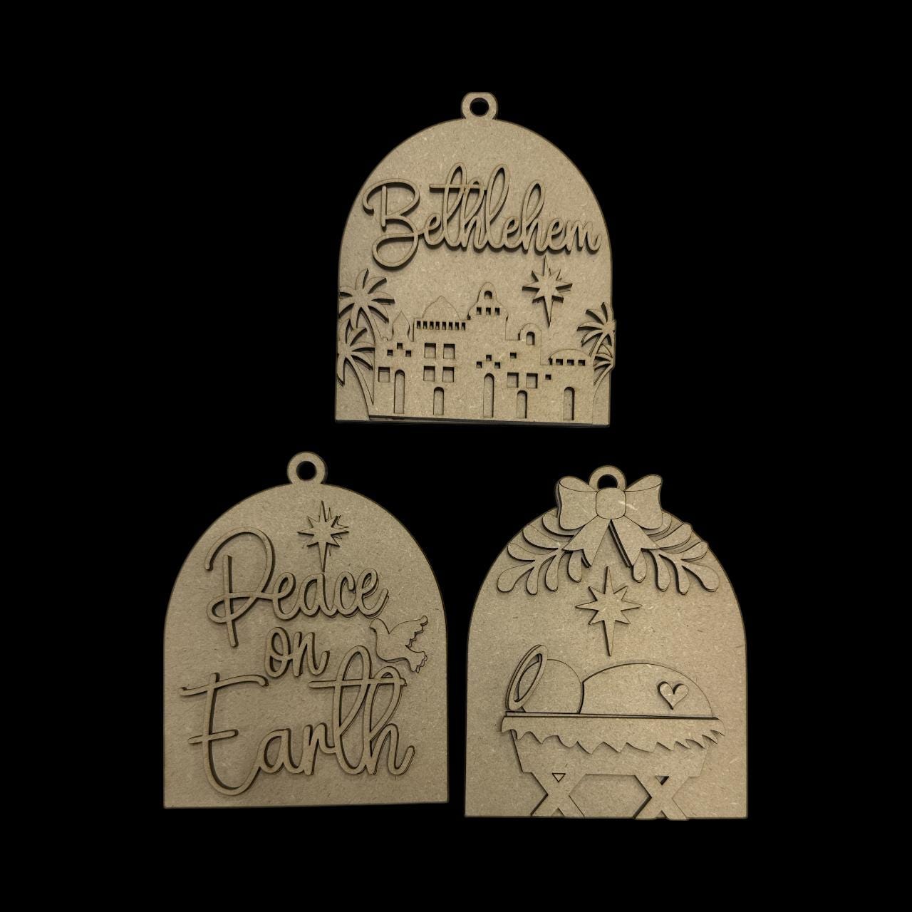 Nativity Arch Ornaments, Wood Christmas Ornaments, Christmas Ornaments, Peace on Earth, Arch Ornaments, DIY Unfinished wooden