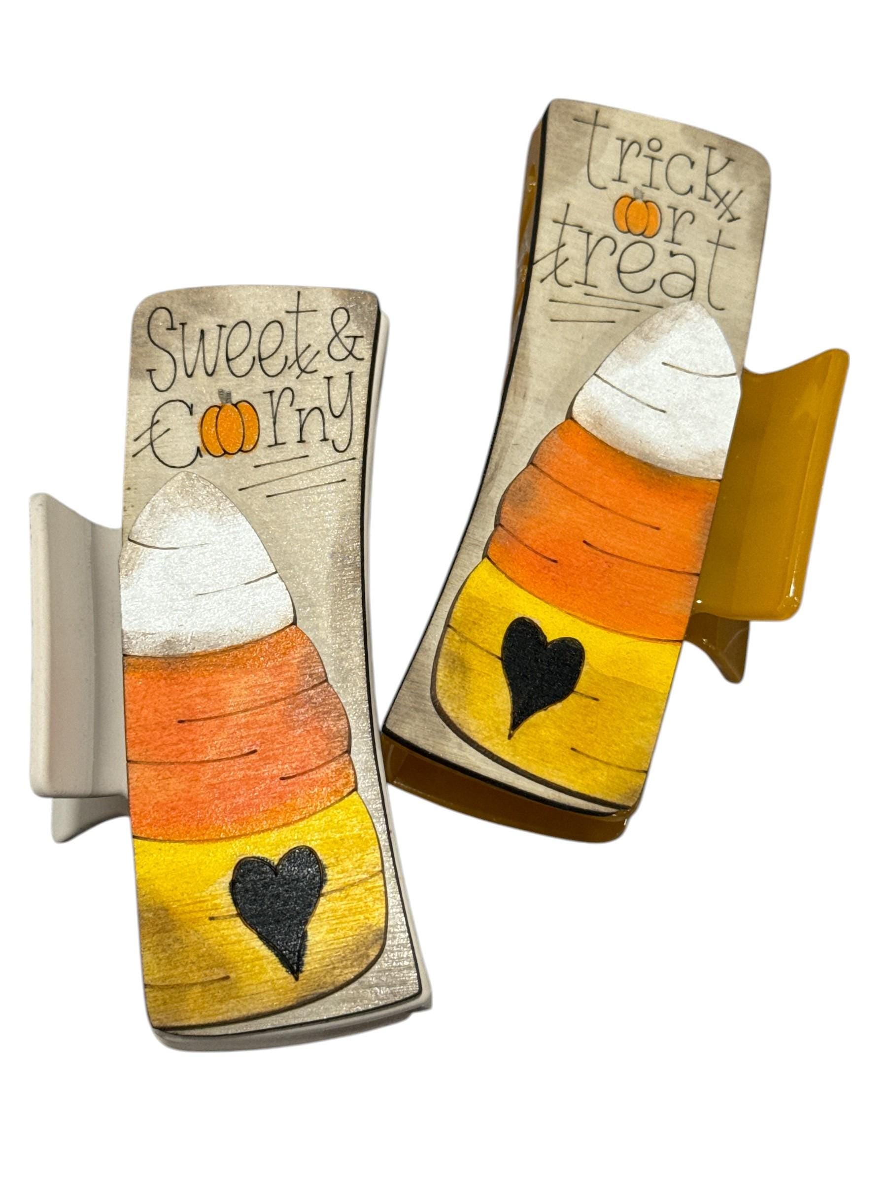 Candy Corn or Trick or Treat 4" Wooden Hand-Painted Hair Claw Clip – Halloween Hair Accessory, Gift, Halloween Spirit Clip