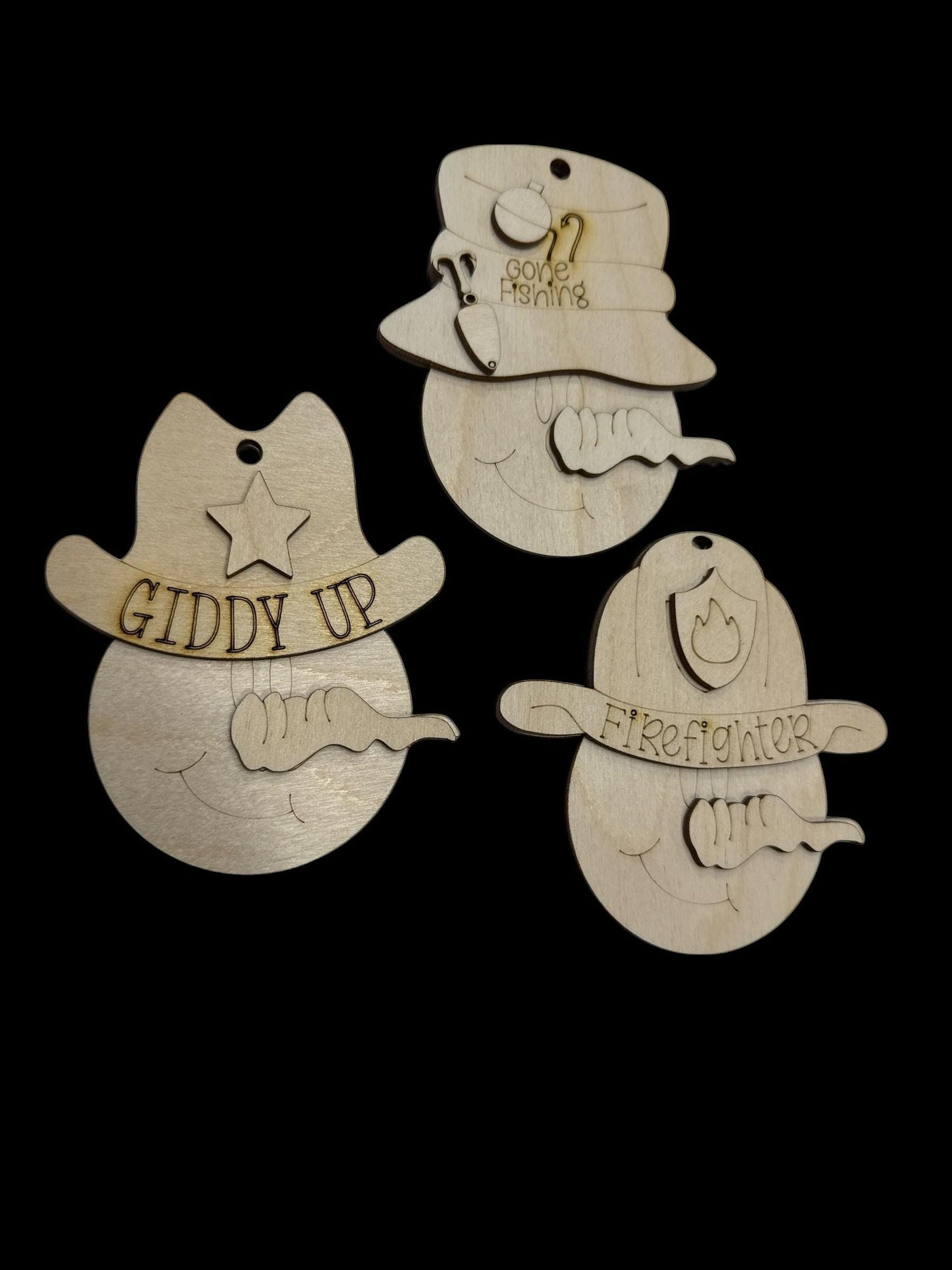 DIY Snowman Ornaments, Fishing, Fireman, Western, Conductor, Engineer, Railroad Unfinished Wood Christmas Craft, Snowman Ornaments, DIY