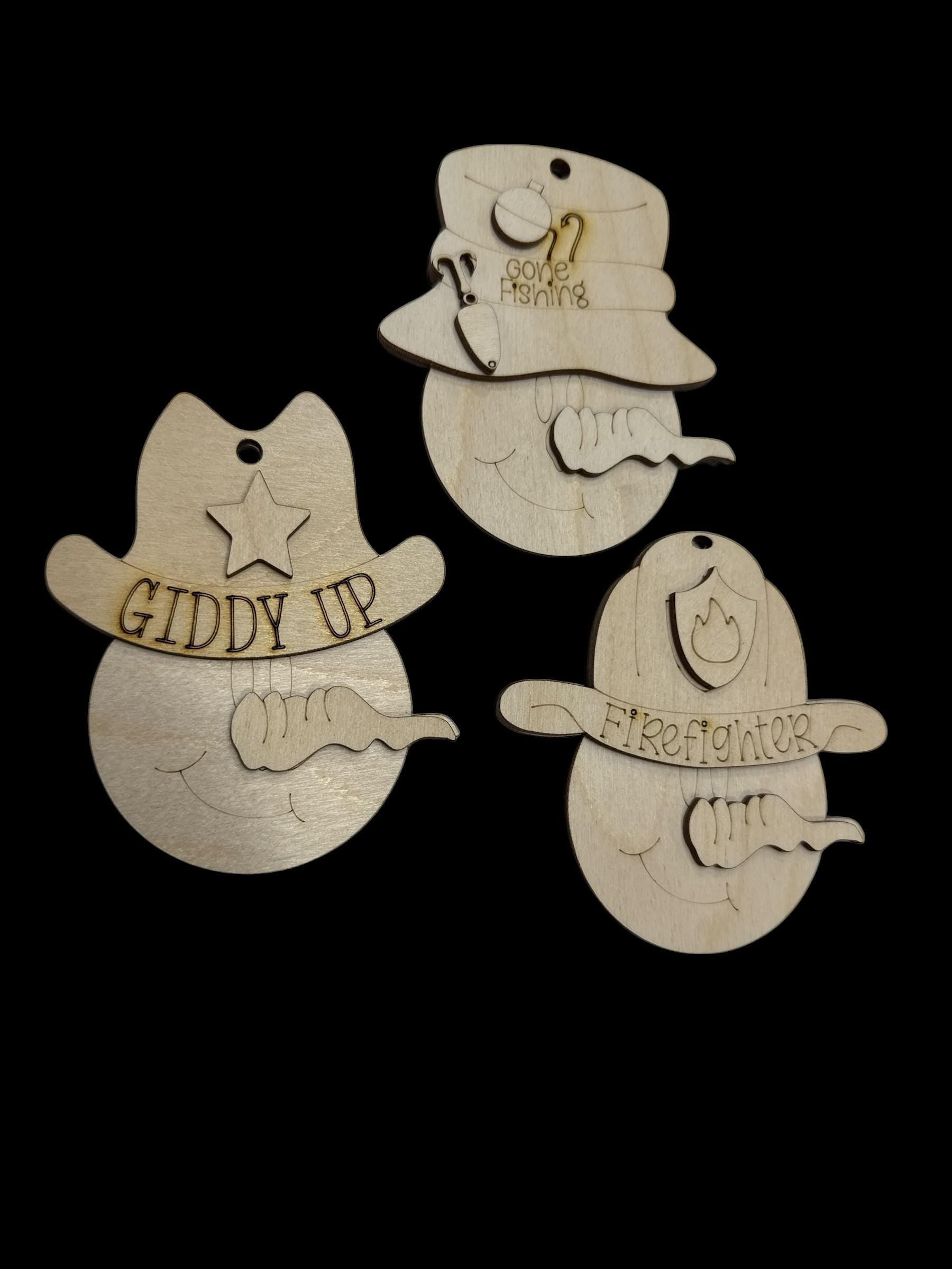 DIY Snowman Ornaments, Fishing, Fireman, Western, Conductor, Engineer, Railroad Unfinished Wood Christmas Craft, Snowman Ornaments, DIY
