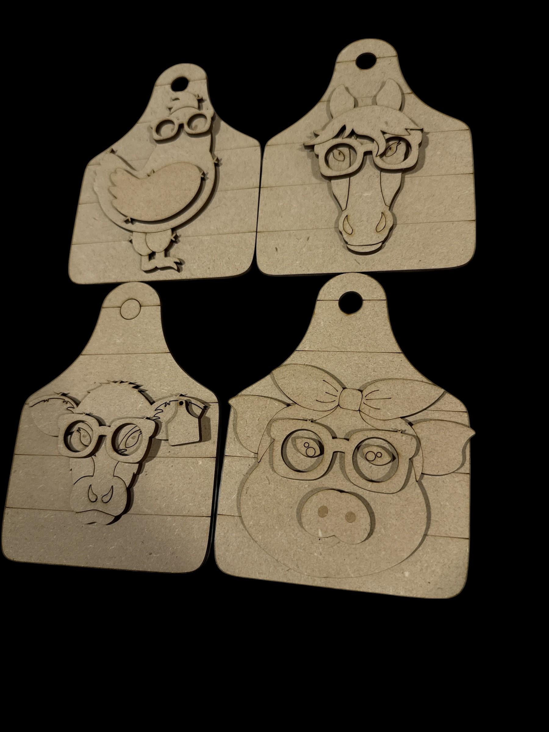 DIY Farm Friends on Cow Tags, Car Charms or Ornaments, Horse Cow Tag Charm, Pig Cow Tag Car Charm, Unfinished Wood Charm