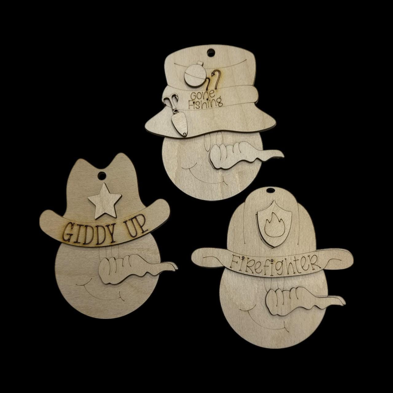 DIY Snowman Ornaments, Fishing, Fireman, Western, Conductor, Engineer, Railroad Unfinished Wood Christmas Craft, Snowman Ornaments, DIY