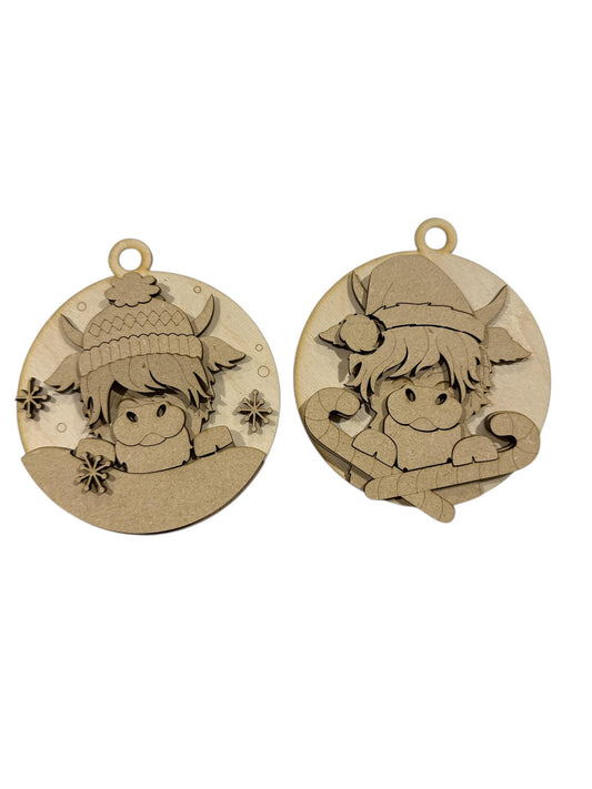 Highland Cow Christmas Ornament, Candy Cane, winter hat