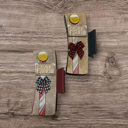 4" North Pole Hair Claw Clip: Wooden Holiday Accessory, Hand-painted