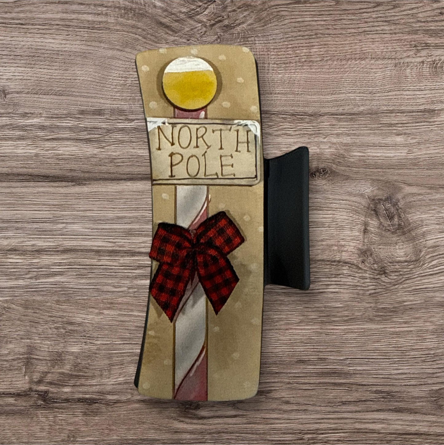 4" North Pole Hair Claw Clip: Wooden Holiday Accessory, Hand-painted