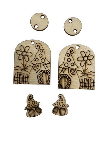 DIY Mushroom House Earrings: Unfinished Birch Wood, Craft Jewelry, Mushroom Fence, Dangle and Post