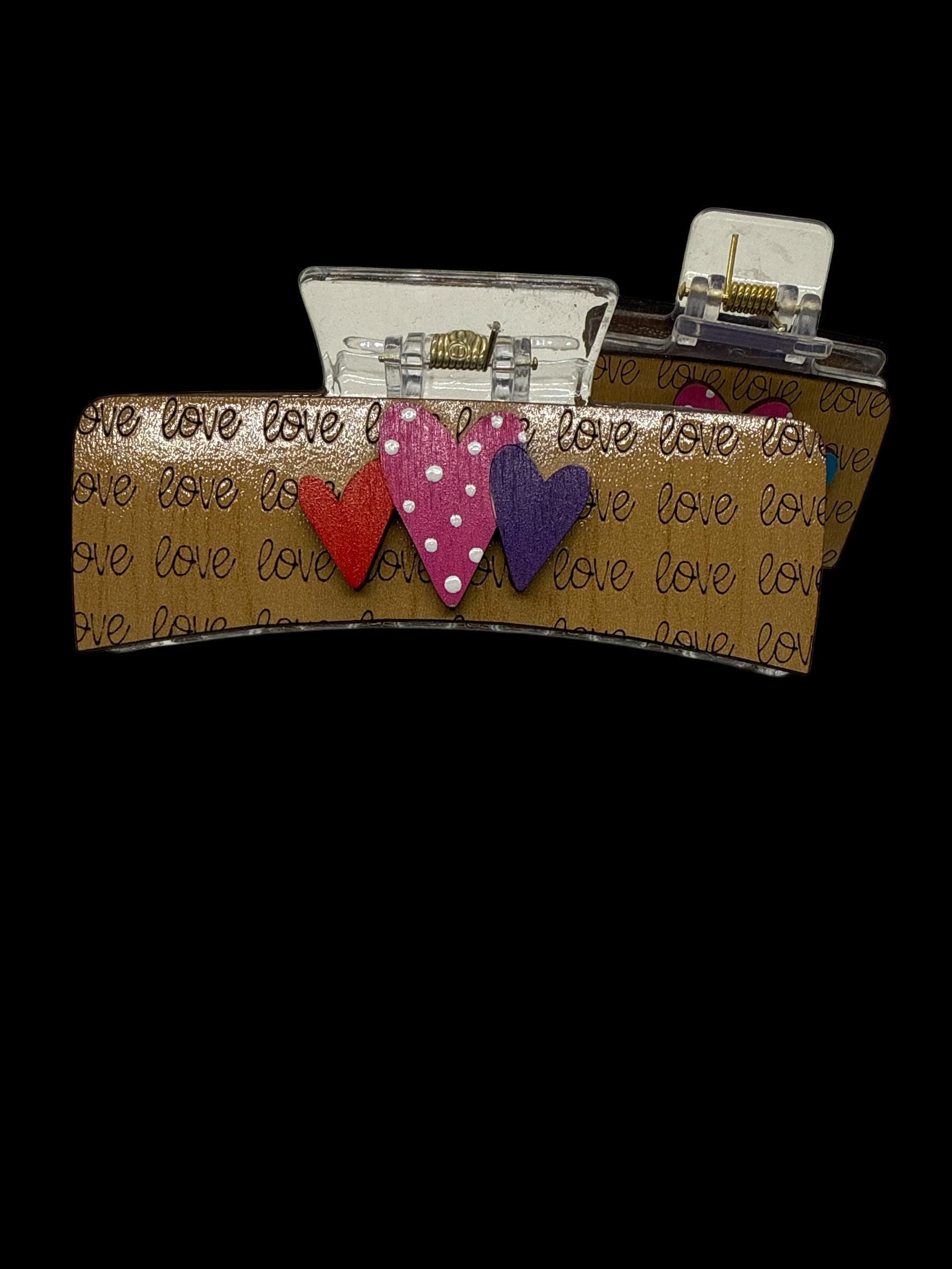 Hearts Love Valentine, Handpainted Wooden Claw clip, 2" and 4", Valentine Lovers, Hearts for love, Valentine
