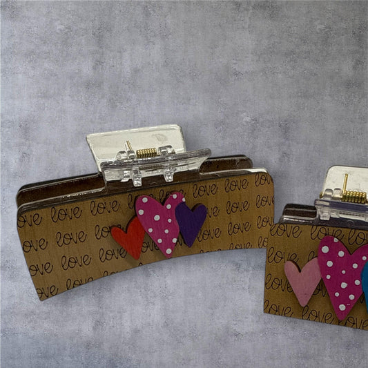 Hearts Love Valentine, Handpainted Wooden Claw clip, 2" and 4", Valentine Lovers, Hearts for love, Valentine