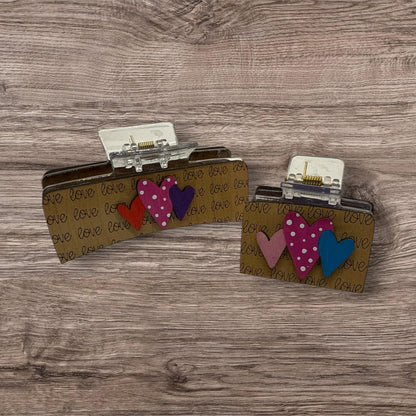 Hearts Love Valentine, Handpainted Wooden Claw clip, 2" and 4", Valentine Lovers, Hearts for love, Valentine