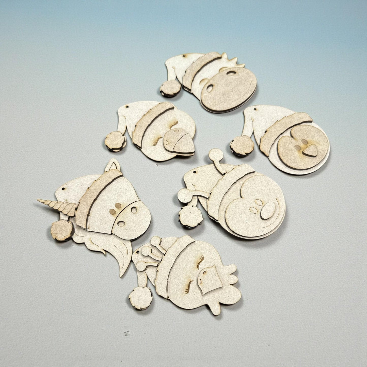 DIY Santa Animal Ornaments, Unfinished Wood, Farmhouse Christmas Craft, Duck Ornament, Unicorn Santa Hat