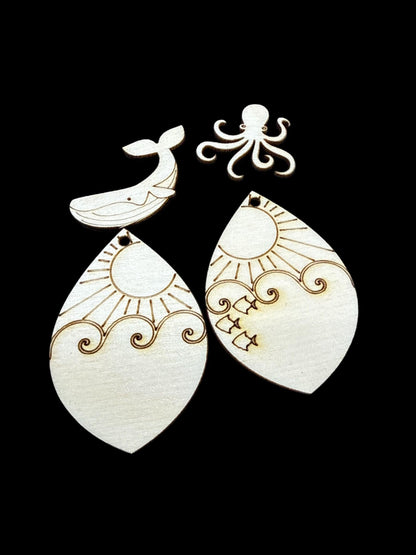 DIY Turtle, Sea Life Earrings, Whale Earrings: Unfinished Birch Wood, Engraved, Craft Jewelry, Sea Animals