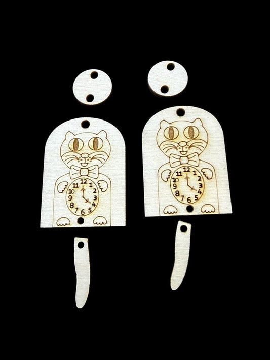 DIY Cat Clock Dangle Earrings: Unfinished Birch Wood, Engraved, Craft Jewelry, Cat Clock tail Earrings, Cat Earrings