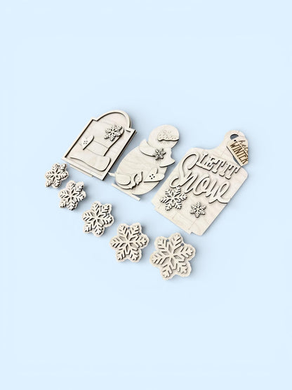 DIY Let It Snow Unfinished Wood Interchangeable Insert, Inserts only Unfinished, Snowman Interchangeable tiered tray, Snowflakes
