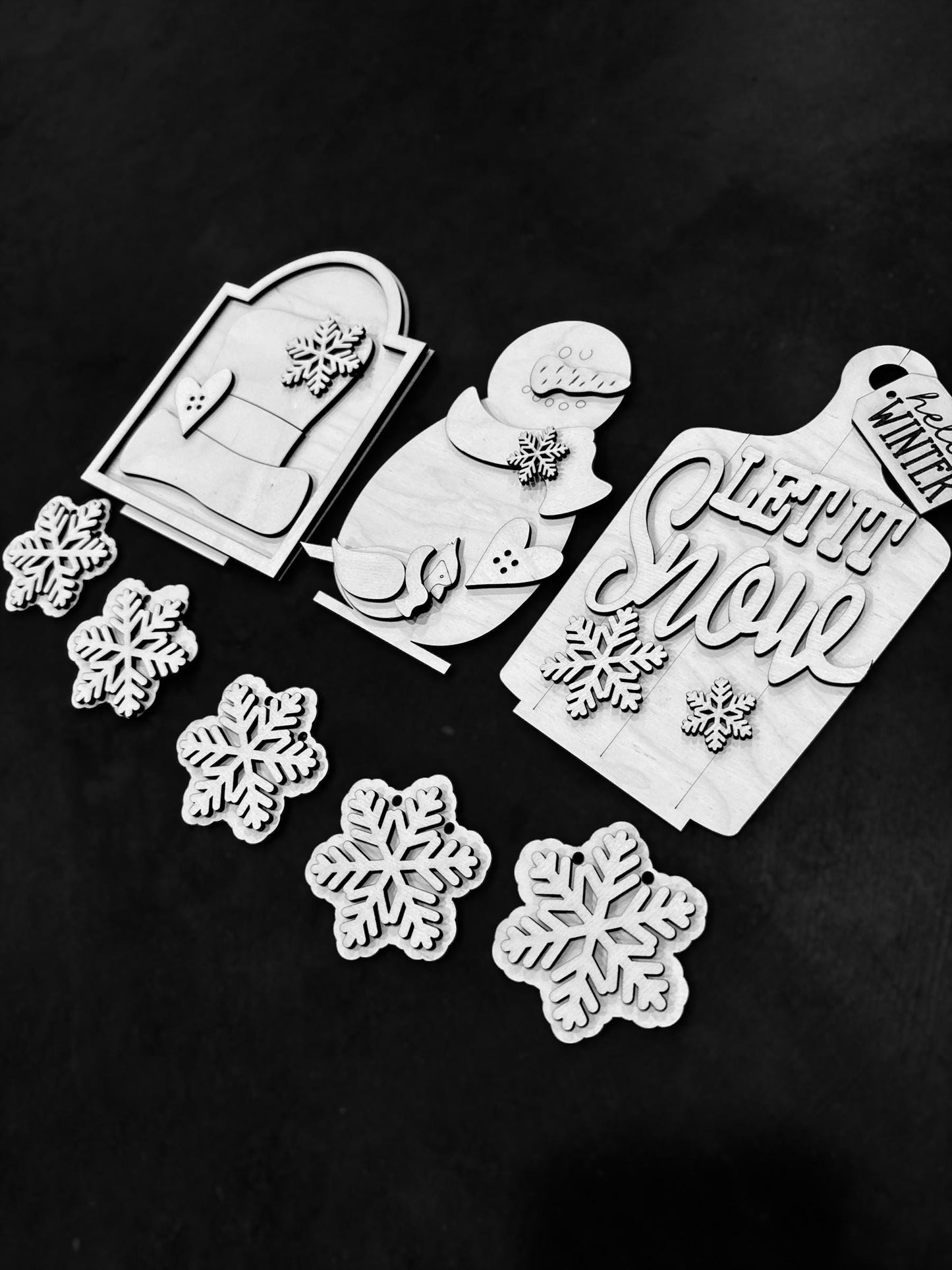 DIY Let It Snow Unfinished Wood Interchangeable Insert, Inserts only Unfinished, Snowman Interchangeable tiered tray, Snowflakes