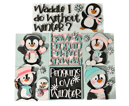 DIY Penguins love winter, Penguin Ladder inserts, Ladder Inserts DIY, 4.25" Squares for inserts, Leaning ladder inserts, Penguin Snowball