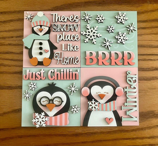 Winter Penguin Squares DIY Paint, DIY Ladder Inserts, Penguin Signs, Winter Square Decor, Ladder Inserts Craft, Paint Your Own Penguin