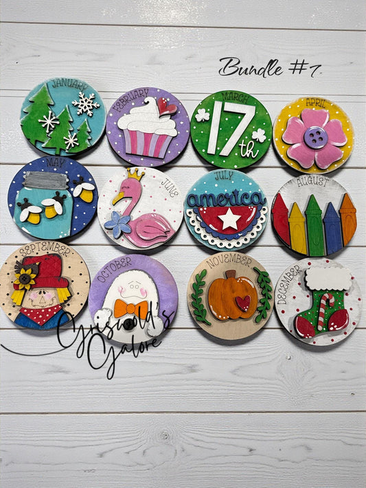 Bundle 7 of 3" or 6" Seasonal Interchangeable Sign Rounds, Hand-Painted MDF Decor, Hand-Painted Seasonal Inserts, Interchange Seasons