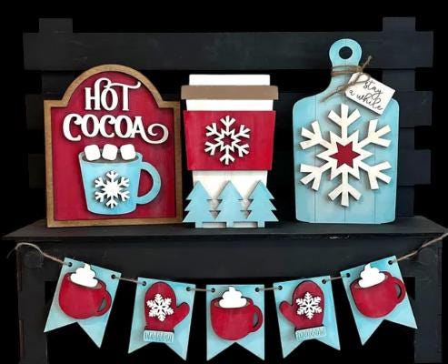 DIY Hot Cocoa Unfinished Wood Interchangeable Insert, Inserts only Unfinished Winter Interchangeable tiered tray