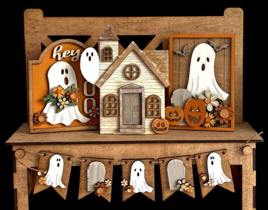 DIY Halloween Cut Bench Insert, Halloween Bench Sign, Halloween Ghost with Flowers, Holiday Interchangeable, Ghost with Flowers