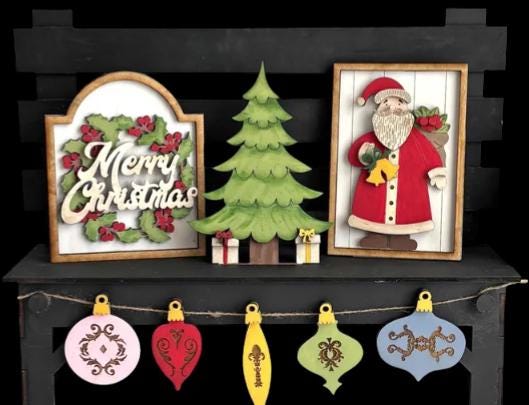 DIY Merry Christmas Bench Insert Unfinished Wood Interchangeable Insert, Santa Interchangeable tiered tray, Vintage Santa