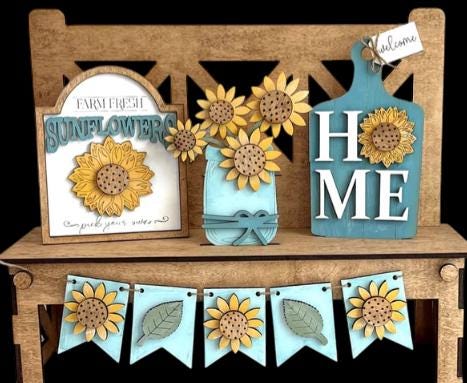 DIY Unfinished Wood Tiered Tray Interchangeable: Farmhouse Sunflower Decor, Interchangable Seasons