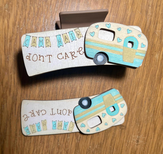 DIY Camp Hair Don't Care DIY Wood Laser Blank Hair Clip Pieces, Unfinished Hair Clip, Wood is Ready to Paint, Camper 4", Camping Hair