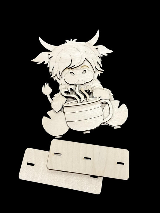 DIY Highland Cow Coffee Mug, Standing Cow, Coffee Lover, Cocoa Mug, Highland Cow Unfinished Shelf Sitter