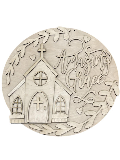 DIY Amazing Grace Door Hanger: Unfinished Wood, Church, Spring Door Hanger, Easter Door Hanger, Church with wreath