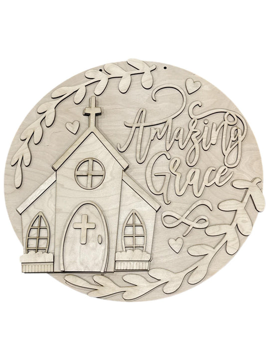 DIY Amazing Grace Door Hanger: Unfinished Wood, Church, Spring Door Hanger, Easter Door Hanger, Church with wreath