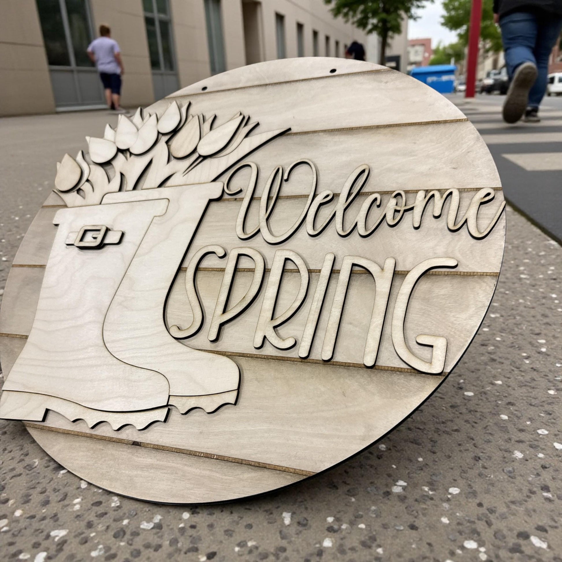 DIY Welcome Spring Door Hanger: Unfinished Wood, Welcome Spring, Spring Door Hanger, Spring Hanger, Rain Boots