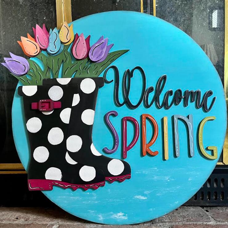 DIY Welcome Spring Door Hanger: Unfinished Wood, Welcome Spring, Spring Door Hanger, Spring Hanger, Rain Boots
