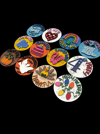Bundle 8 of 3" or 6" Seasonal Interchangeable Sign Rounds, Hand-Painted MDF Decor, Hand Painted Seasonal Inserts, Interchange Seasons