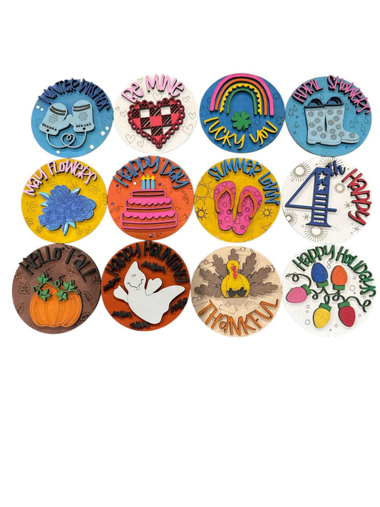 Bundle 8 of 3" or 6" Seasonal Interchangeable Sign Rounds, Hand-Painted MDF Decor, Hand Painted Seasonal Inserts, Interchange Seasons