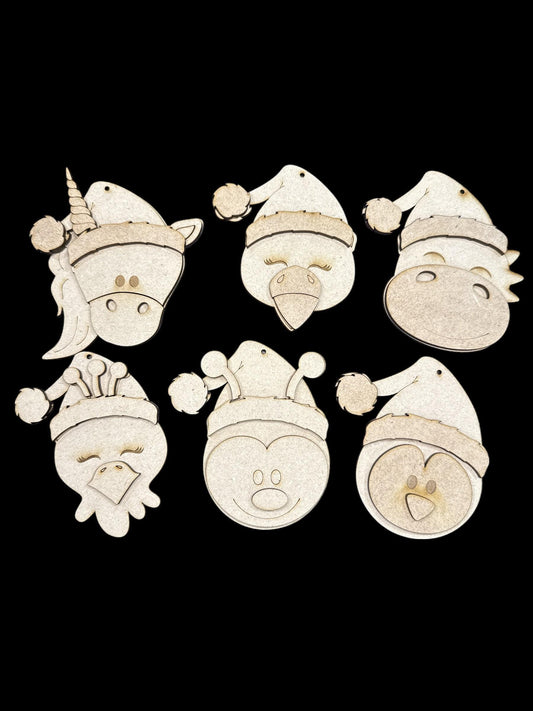 DIY Santa Animal Ornaments, Unfinished Wood, Farmhouse Christmas Craft, Duck Ornament, Unicorn Santa Hat