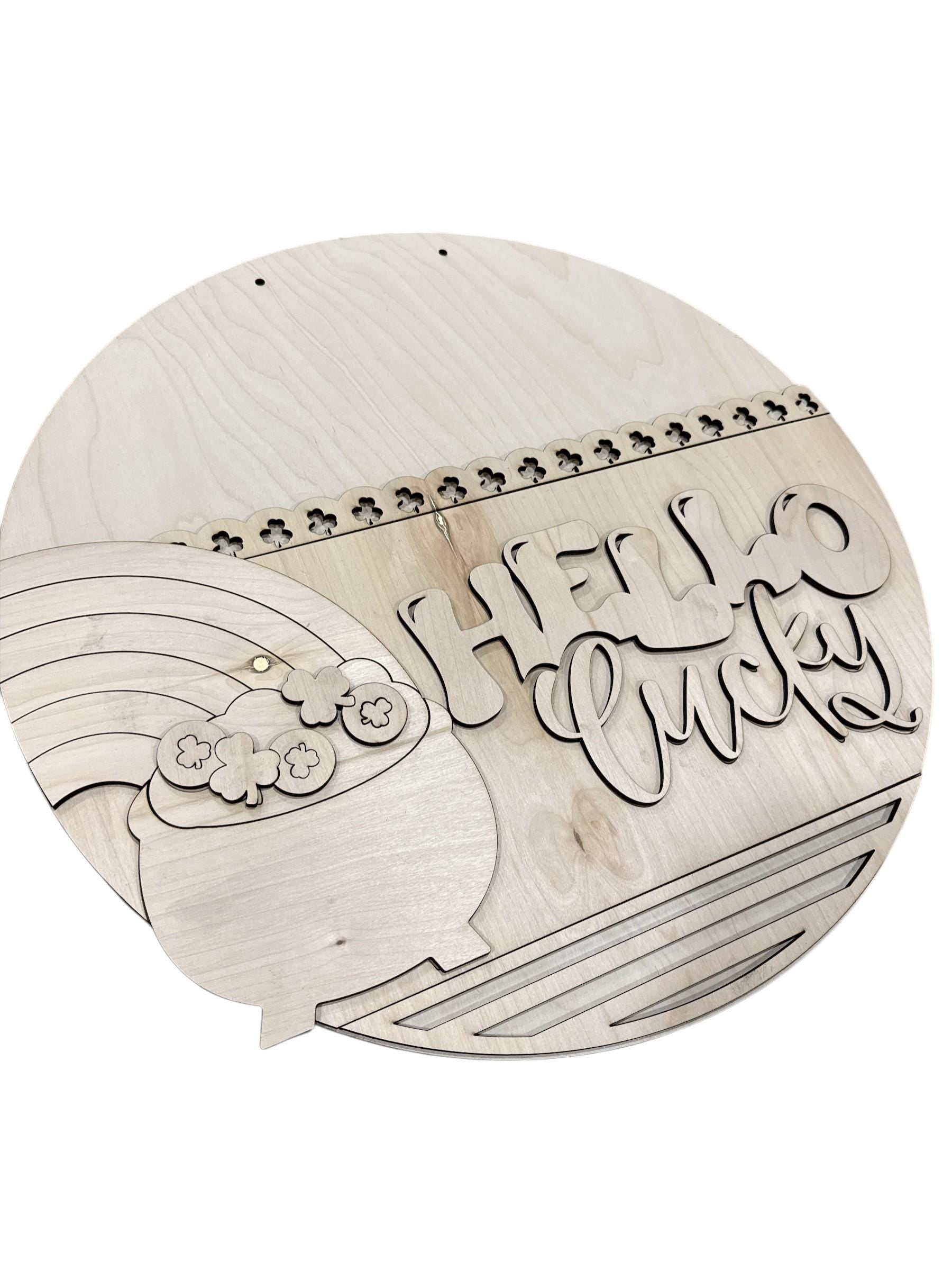 DIY Hello Lucky Door Hanger: Unfinished Wood, Shamrocks Door Hanger, Spring Door Hanger, St Patricks Door hanger