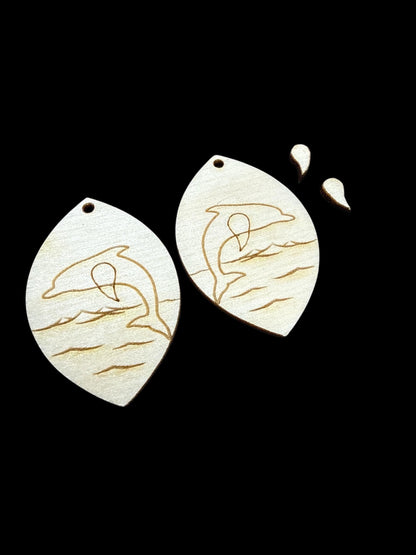 DIY Dolphin Earrings: Unfinished Birch Wood, Engraved, Craft Jewelry, Sea Animals