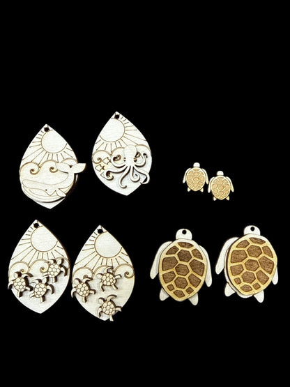 DIY Turtle, Sea Life Earrings, Whale Earrings: Unfinished Birch Wood, Engraved, Craft Jewelry, Sea Animals