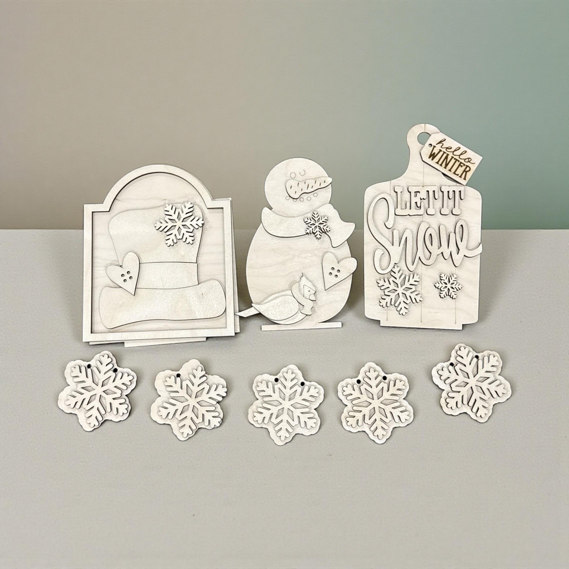 DIY Let It Snow Unfinished Wood Interchangeable Insert, Inserts only Unfinished, Snowman Interchangeable tiered tray, Snowflakes