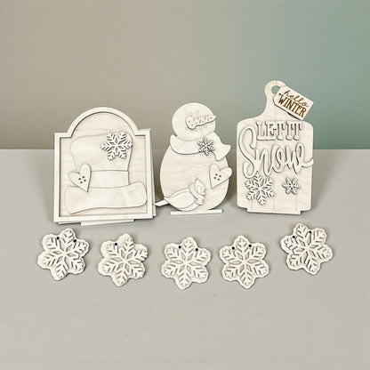DIY Let It Snow Unfinished Wood Interchangeable Insert, Inserts only Unfinished, Snowman Interchangeable tiered tray, Snowflakes