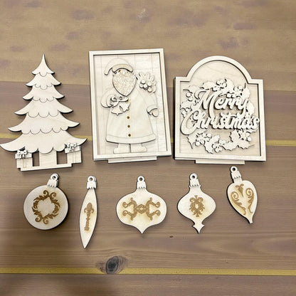 DIY Merry Christmas Bench Insert Unfinished Wood Interchangeable Insert, Santa Interchangeable tiered tray, Vintage Santa