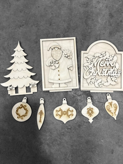 DIY Merry Christmas Bench Insert Unfinished Wood Interchangeable Insert, Santa Interchangeable tiered tray, Vintage Santa