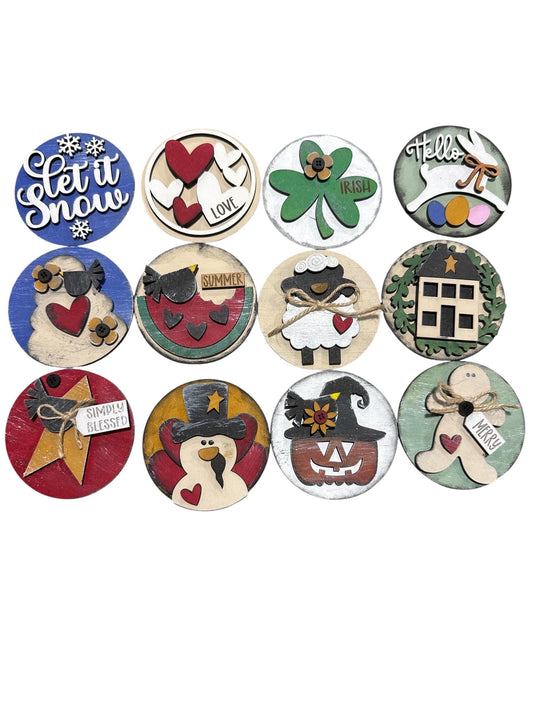 Bundle 8 of 3" or 6" Seasonal Interchangeable Sign Rounds, Hand-Painted, primitive Hand Painted Seasonal Inserts, Interchange. Primitive
