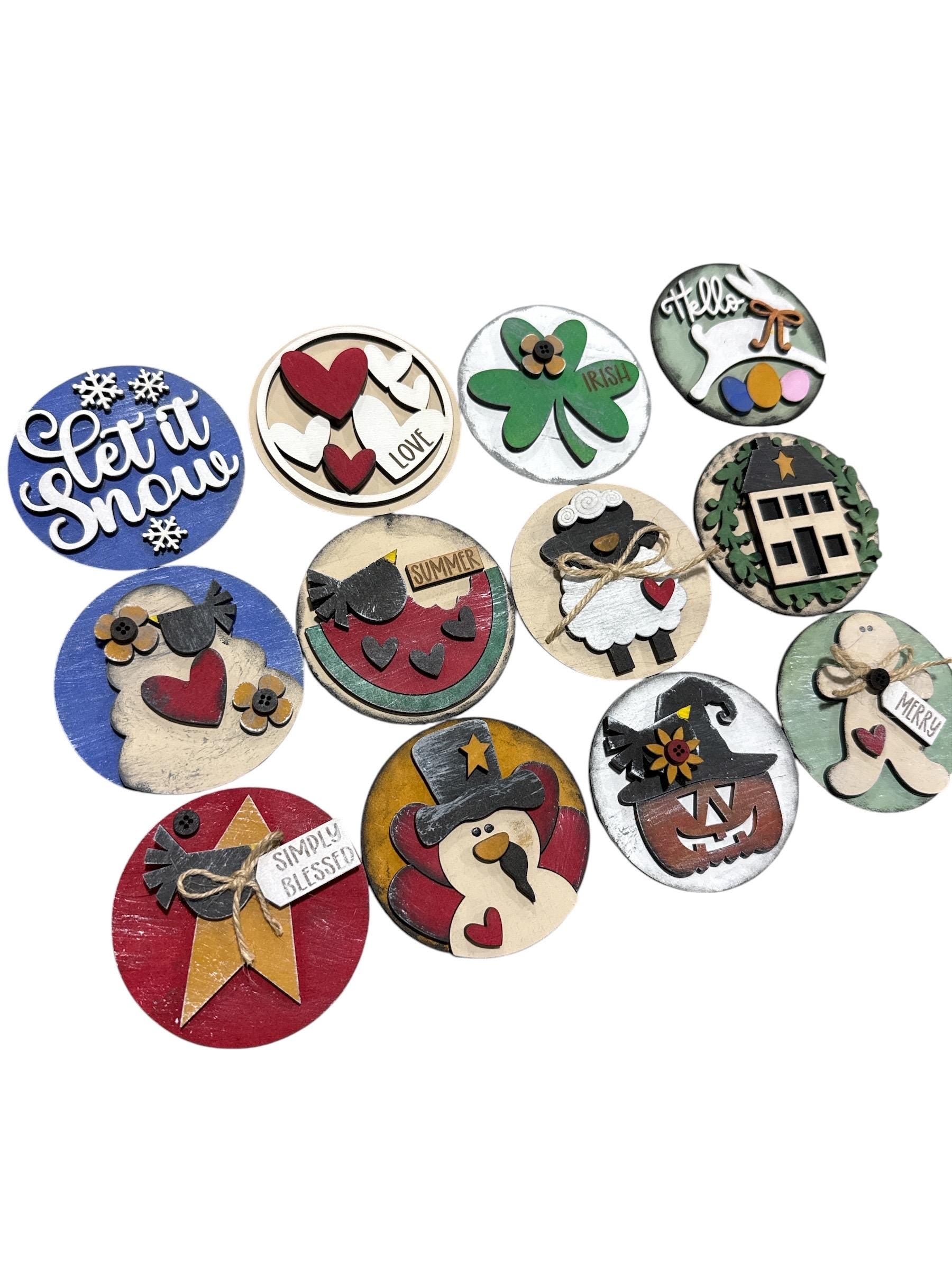 Bundle 8 of 3" or 6" Seasonal Interchangeable Sign Rounds, Hand-Painted, primitive Hand Painted Seasonal Inserts, Interchange. Primitive