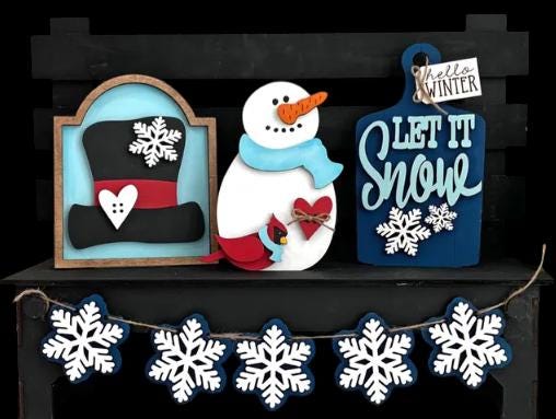 DIY Let It Snow Unfinished Wood Interchangeable Insert, Inserts only Unfinished, Snowman Interchangeable tiered tray, Snowflakes